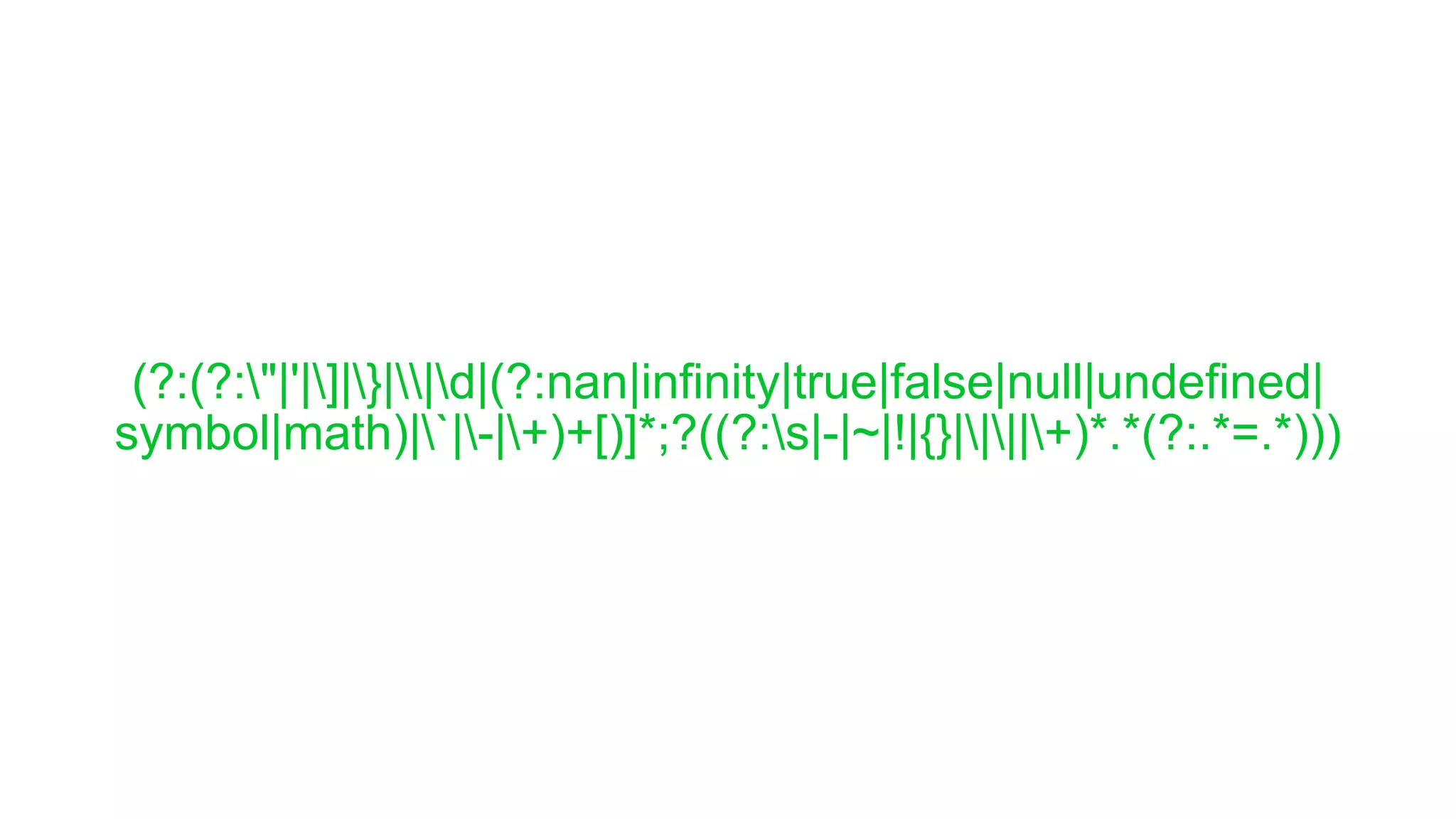 (?:(?:"|'|]|}||d|(?:nan|infinity|true|false|null|undefined| symbol|math)|`|-|+)+[)]*;?((?:s|-|~|!|{}||||+)*.*(?:.*=.*))) 