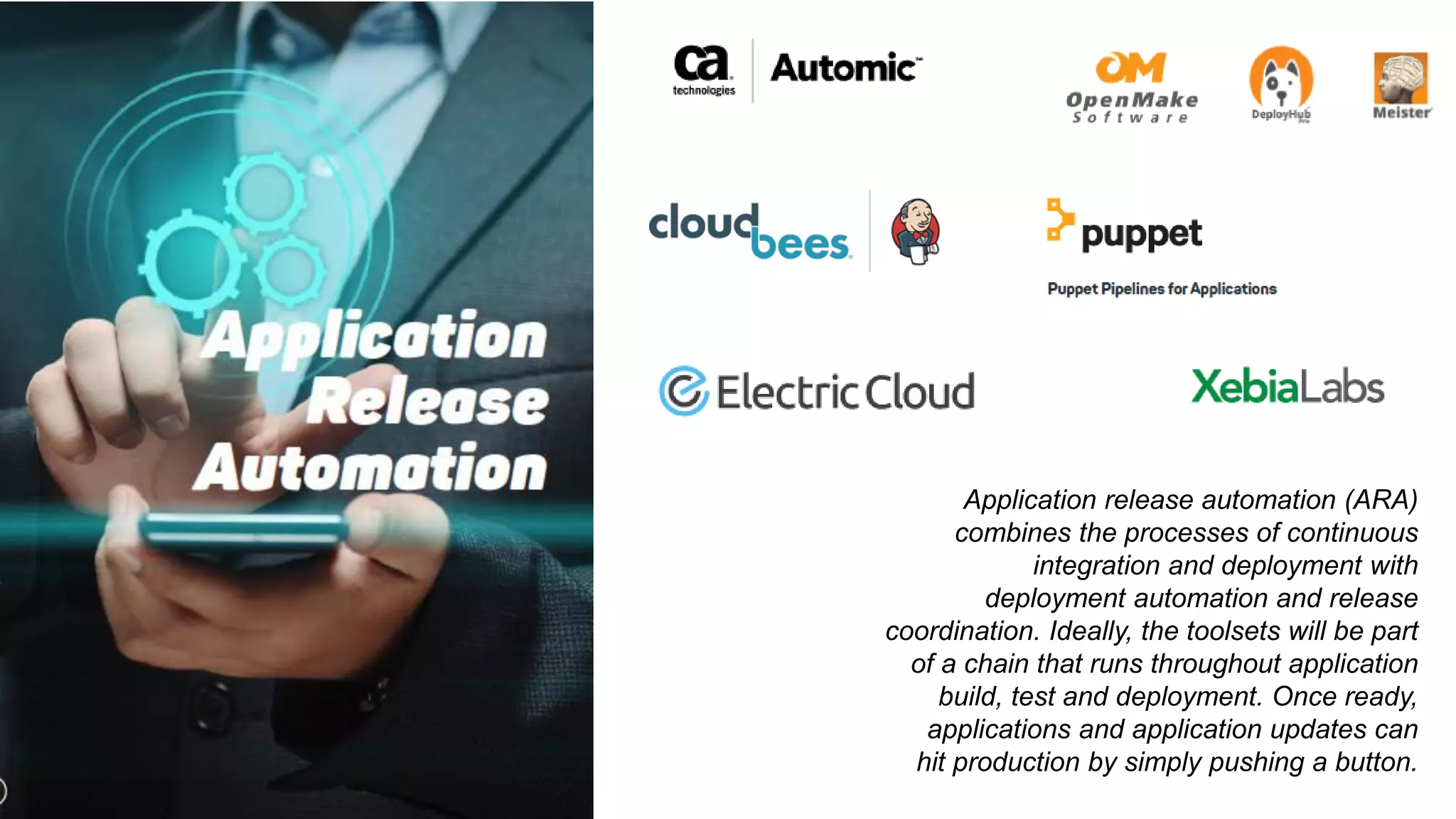 Application release automation (ARA)
combines the processes of continuous
integration and deployment with
deployment automation and release
coordination. Ideally, the toolsets will be part
of a chain that runs throughout application
build, test and deployment. Once ready,
applications and application updates can
hit production by simply pushing a button.
 