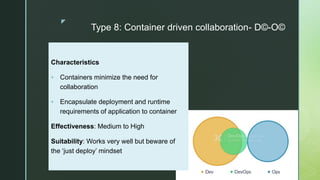 z
Type 8: Container driven collaboration- D©-O©
Characteristics
 Containers minimize the need for
collaboration
 Encapsulate deployment and runtime
requirements of application to container
Effectiveness: Medium to High
Suitability: Works very well but beware of
the ‘just deploy’ mindset
 