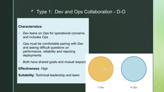 z Type 1: Dev and Ops Collaboration - D-O
Characteristics
 Dev leans on Ops for operational concerns
and includes Ops
 Ops must be comfortable pairing with Dev
and asking difficult questions on
performance, reliability and rejecting
deployments
 Both have shared goals and mutual respect
Effectiveness: High
Suitability: Technical leadership and team
 