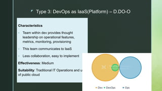 z Type 3: DevOps as IaaS(Platform) – D.DO-O
Characteristics
 Team within dev provides thought
leadership on operational features,
metrics, monitoring, provisioning
 This team communicates to IaaS
 Less collaboration, easy to implement
Effectiveness: Medium
Suitability: Traditional IT Operations and use
of public cloud
 
