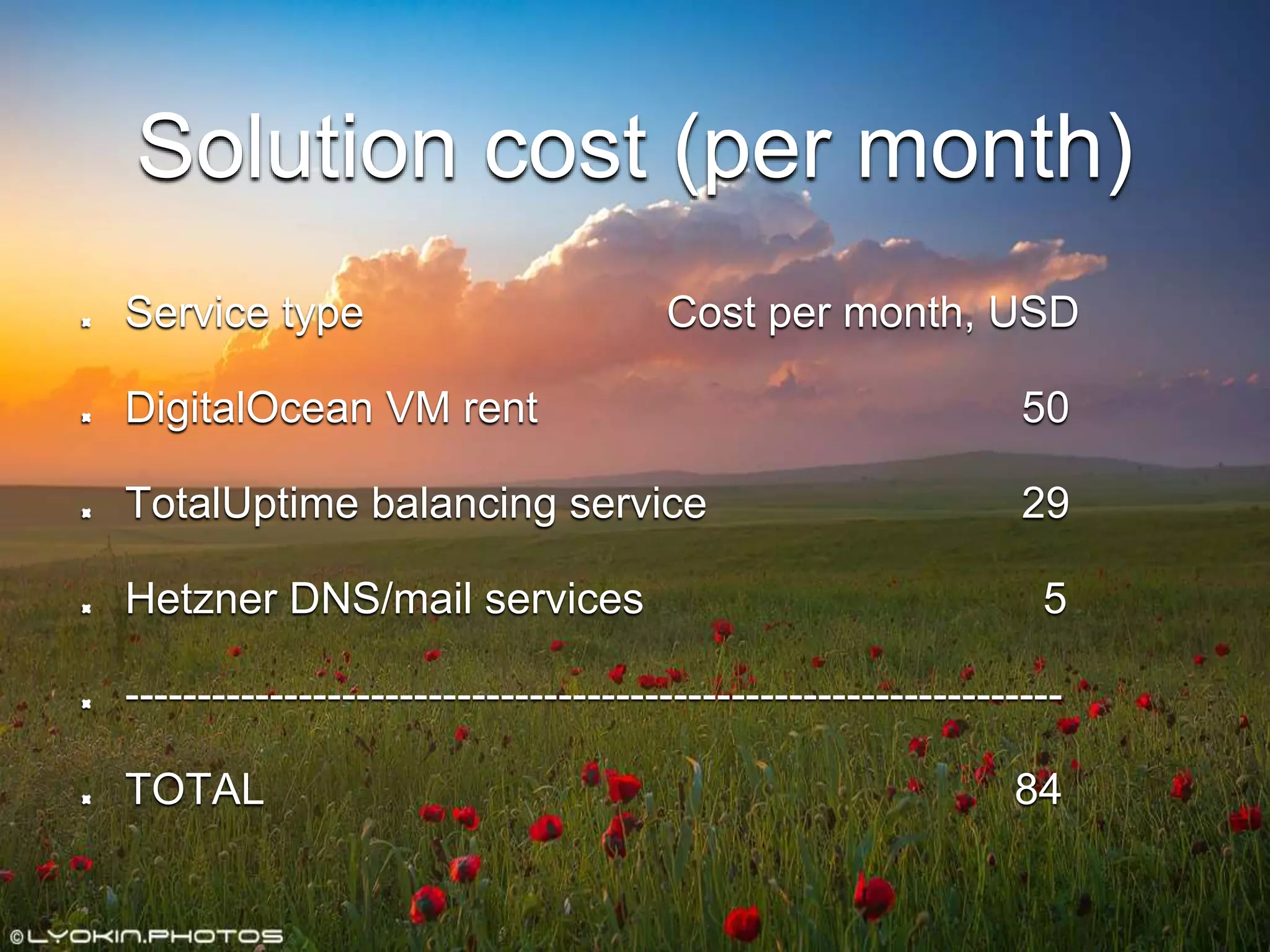 Solution cost (per month)
Service type Cost per month, USD
DigitalOcean VM rent 50
TotalUptime balancing service 29
Hetzner DNS/mail services 5
-----------------------------------------------------------------
TOTAL 84
 