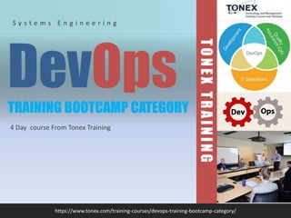 https://www.tonex.com/training-courses/devops-training-bootcamp-category/
S y s t e m s E n g i n e e r i n g
TONEXTRAINING
4 Day course From Tonex Training
DevOpsTRAINING BOOTCAMP CATEGORY
 