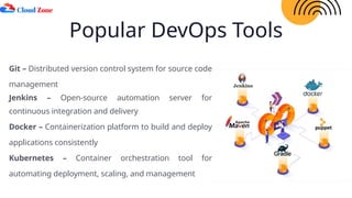 Popular DevOps Tools
Git – Distributed version control system for source code
management
Jenkins – Open-source automation server for
continuous integration and delivery
Docker – Containerization platform to build and deploy
applications consistently
Kubernetes – Container orchestration tool for
automating deployment, scaling, and management
 