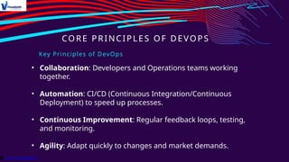 CORE PRINCIPLES OF DEVOPS
Key Principles of DevOps
• Collaboration: Developers and Operations teams working
together.
• Automation: CI/CD (Continuous Integration/Continuous
Deployment) to speed up processes.
• Continuous Improvement: Regular feedback loops, testing,
and monitoring.
• Agility: Adapt quickly to changes and market demands.
 