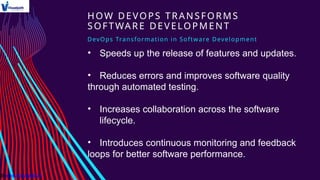 HOW DEVOPS TRANSFORMS
SOFTWARE DEVELOPMENT
DevOps Transformation in Software Development
• Speeds up the release of features and updates.
• Reduces errors and improves software quality
through automated testing.
• Increases collaboration across the software
lifecycle.
• Introduces continuous monitoring and feedback
loops for better software performance.
 