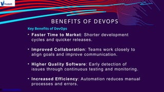 BENEFITS OF DEVOPS
Key Benefits of DevOps
• Faster Time to Market: Shorter development
cycles and quicker releases.
• Improved Collaboration: Teams work closely to
align goals and improve communication.
• Higher Quality Software: Early detection of
issues through continuous testing and monitoring.
• Increased Efficiency: Automation reduces manual
processes and errors.
 