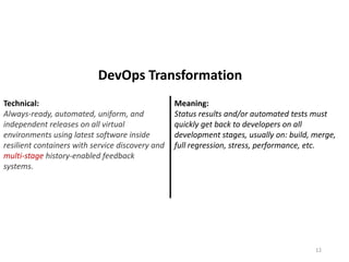 Technical:
Always-ready, automated, uniform, and
independent releases on all virtual
environments using latest software inside
resilient containers with service discovery and
multi-stage history-enabled feedback
systems.
Meaning:
Status results and/or automated tests must
quickly get back to developers on all
development stages, usually on: build, merge,
full regression, stress, performance, etc.
12
DevOps Transformation
 