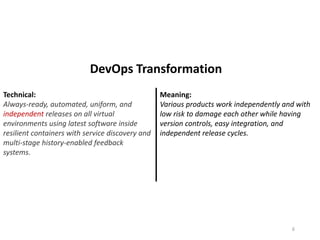 Technical:
Always-ready, automated, uniform, and
independent releases on all virtual
environments using latest software inside
resilient containers with service discovery and
multi-stage history-enabled feedback
systems.
Meaning:
Various products work independently and with
low risk to damage each other while having
version controls, easy integration, and
independent release cycles.
6
DevOps Transformation
 
