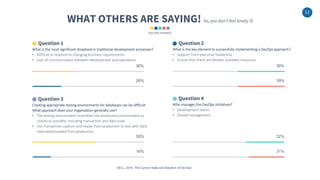 12
WHAT OTHERS ARE SAYING! So, you don’t feel lonely 
Question 4
Who manages the DevOps initiatives?
• Development teams
• Shared management
Question 3
Creating appropriate testing environments for databases can be difficult.
What approach does your organization generally use?
• The testing environment resembles the production environment as
closely as possible, including transaction and data scale
• Use transaction capture and replay from production to test with data
replicated/masked from production
Question 2
What is the key element to successfully implementing a DevOps approach?
• Support from executive leadership
• Ensure that there are flexible, available resources
Question 1
What is the most significant drawback in traditional development processes?
• Difficult to respond to changing business requirements
• Lack of communication between development and operations
39%26%
36% 39%
16%
55%
31%
32%
DELL, 2016: The Current State and Adoption of DevOps
top two answers
 
