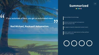 13
If you automate a mess, you get an automated mess.
Rod Michael, Rockwell Automation.
Reconsolidate the technology
Maint...