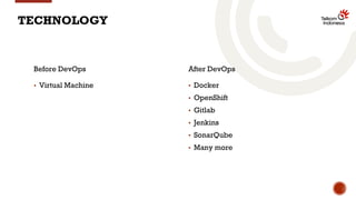 Before DevOps
▪ Virtual Machine
After DevOps
▪ Docker
▪ OpenShift
▪ Gitlab
▪ Jenkins
▪ SonarQube
▪ Many more
TECHNOLOGY
 