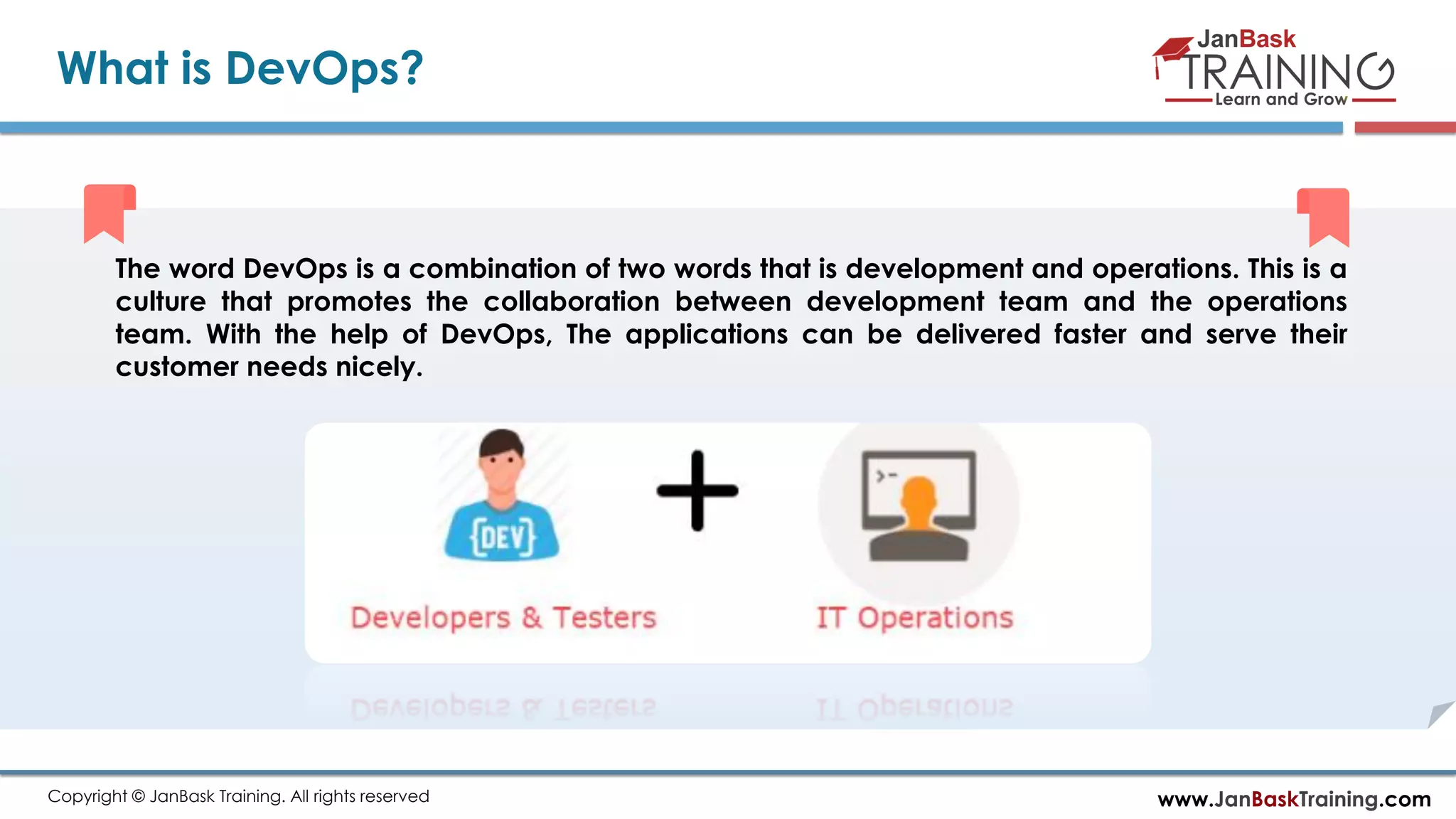 www.JanBaskTraining.comCopyright © JanBask Training. All rights reserved What is DevOps? The word DevOps is a combination of two words that is development and operations. This is a culture that promotes the collaboration between development team and the operations team. With the help of DevOps, The applications can be delivered faster and serve their customer needs nicely. 