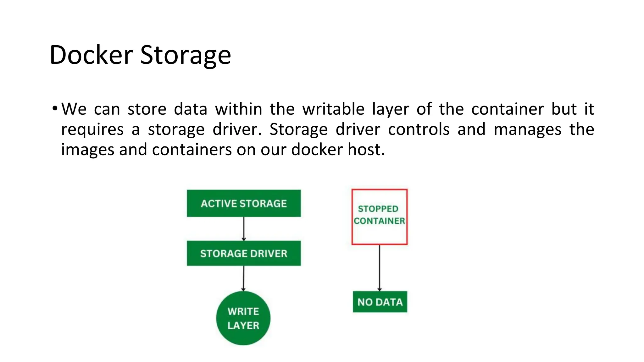 Docker Storage
•We can store data within the writable layer of the container but it
requires a storage driver. Storage driver controls and manages the
images and containers on our docker host.
 