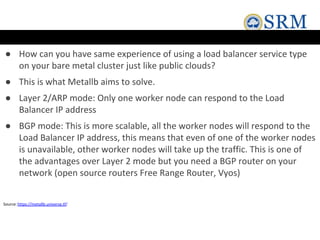 ● How can you have same experience of using a load balancer service type
on your bare metal cluster just like public clouds?
● This is what Metallb aims to solve.
● Layer 2/ARP mode: Only one worker node can respond to the Load
Balancer IP address
● BGP mode: This is more scalable, all the worker nodes will respond to the
Load Balancer IP address, this means that even of one of the worker nodes
is unavailable, other worker nodes will take up the traffic. This is one of
the advantages over Layer 2 mode but you need a BGP router on your
network (open source routers Free Range Router, Vyos)
Source:https://metallb.universe.tf/
 