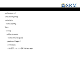 apiVersion: v1
kind: ConfigMap
metadata:
name: config
data:
config: |
address-pools:
- name: my-ip-space
protocol: layer2
addresses:
- 84.200.xxx.xxx-84.200.xxx.xxx
 