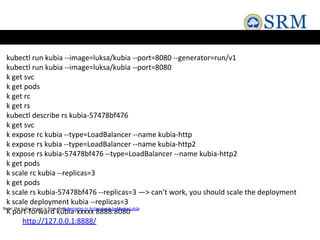 kubectl run kubia --image=luksa/kubia --port=8080 --generator=run/v1
kubectl run kubia --image=luksa/kubia --port=8080
k get svc
k get pods
k get rc
k get rs
kubectl describe rs kubia-57478bf476
k get svc
k expose rc kubia --type=LoadBalancer --name kubia-http
k expose rs kubia --type=LoadBalancer --name kubia-http2
k expose rs kubia-57478bf476 --type=LoadBalancer --name kubia-http2
k get pods
k scale rc kubia --replicas=3
k get pods
k scale rs kubia-57478bf476 --replicas=3 —> can’t work, you should scale the deployment
k scale deployment kubia --replicas=3
K port-forward kubia-xxxxx 8888:8080
http://127.0.0.1:8888/
Note: the kubia image is from theKubernetes in Action book byMarko Lukša
 