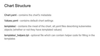 Chart Structure
Chart.yaml - contains the chart's metadata
Values.yaml - contains default chart settings
templates/ - contains the meat of the chart, all yaml files describing kubernetes
objects (whether or not they have templated values)
templates/_helpers.tpl - optional file which can contain helper code for filling in the
templates
 