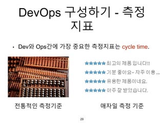 DevOps 구성하기 - 측정
지표
• Dev와 Ops간에 가장 중요한 측정지표는 cycle time.
전통적인 측정기준 애자일 측정 기준
29
 