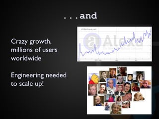 ...and
Crazy growth,
millions of users
worldwide
Engineering needed
to scale up!
 