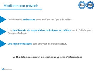 @aguilloteau
Monitorer pour prévenir
Définition des indicateurs avec les Dev, les Ops et le métier
Des logs centralisées pour analyser les incidents (ELK)
Le Big data nous permet de stocker ce volume d’informations
Les dashboards de supervision techniques et métiers sont réalisés par
l'équipe (Grafana)
 