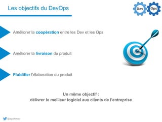 @aguilloteau
Les objectifs du DevOps
Un même objectif :
délivrer le meilleur logiciel aux clients de l’entreprise
Améliorer la coopération entre les Dev et les Ops
Fluidifier l’élaboration du produit
Améliorer la livraison du produit
 