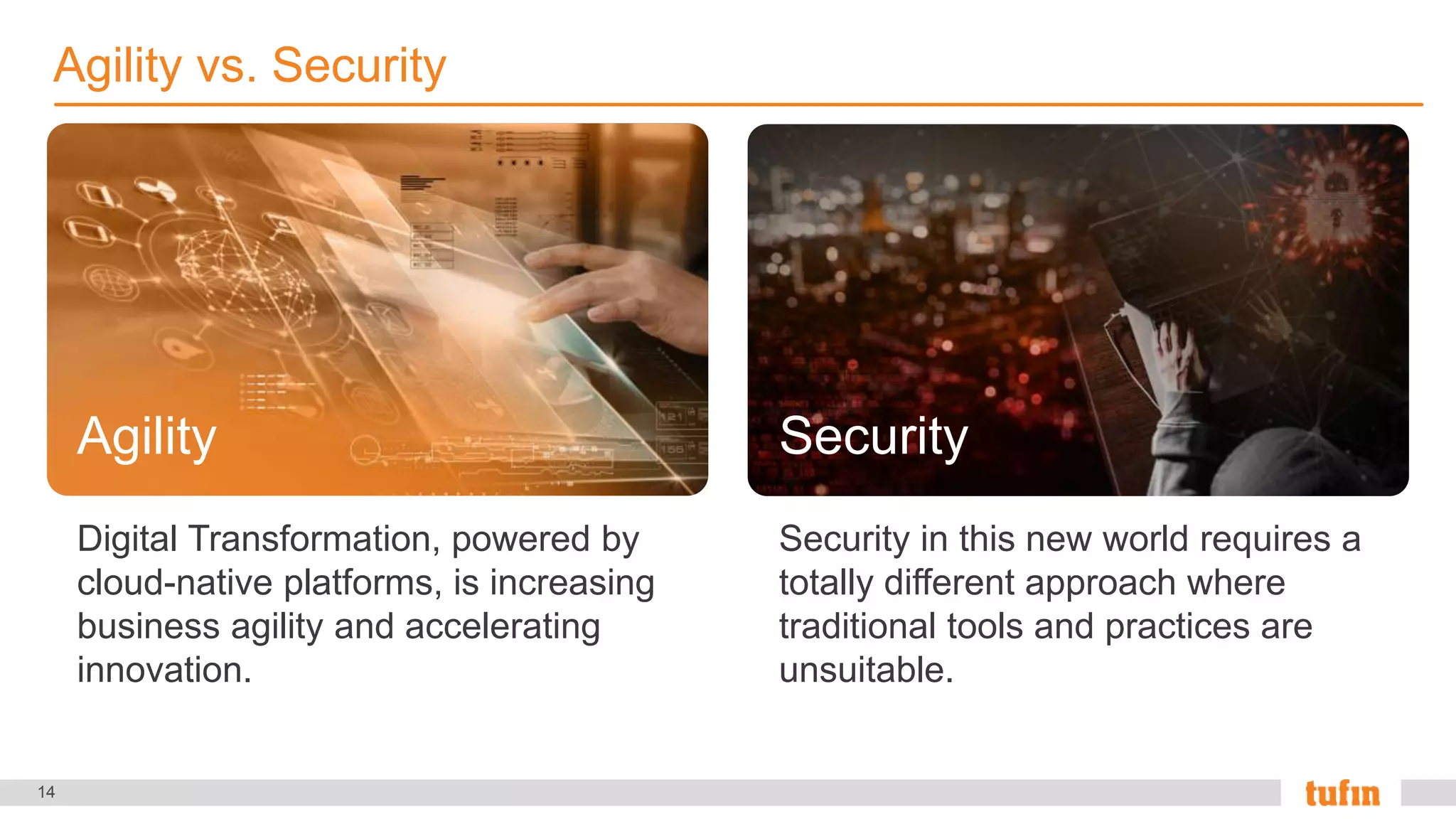 14
Agility
Digital Transformation, powered by
cloud-native platforms, is increasing
business agility and accelerating
innovation.
Security in this new world requires a
totally different approach where
traditional tools and practices are
unsuitable.
Security
Agility vs. Security
 