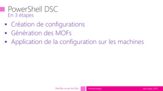 tech.days 2015#mstechdays
 Création de configurations
 Génération des MOFs
 Application de la configuration sur les machines
En 3 étapes
DevOps vu par les Ops
 