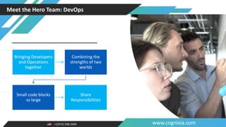 +1(973) 598-3969 www.cognixia.com
Meet the Hero Team: DevOps
Bringing Developers
and Operations
together
Combining the
strengths of two
worlds
Small code blocks
vs large
Share
Responsibilities
 