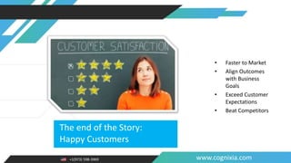 +1(973) 598-3969 www.cognixia.com
The end of the Story:
Happy Customers
• Faster to Market
• Align Outcomes
with Business
Goals
• Exceed Customer
Expectations
• Beat Competitors
 