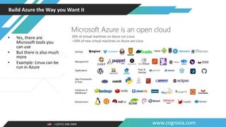 +1(973) 598-3969 www.cognixia.com
Build Azure the Way you Want it
• Yes, there are
Microsoft tools you
can use
• But there is also much
more
• Example: Linux can be
run in Azure
 