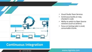 +1(973) 598-3969 www.cognixia.com
Continuous Integration
• Visual Studio Team Services
• Continuous builds on new,
checked in code
• Ability to switch to Open Source
solutions (such as Jenkins)
• Focus on testing code in small,
consumable chunks
 