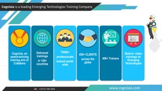 +1(973) 598-3969 www.cognixia.com
Cognixia is a leading Emerging Technologies Training Company
Cognixia, an
award-winning
training arm of
Collabera
Delivered
trainings
in 150+
countries
75000+
professionals
trained world-
wide
450+ CLIENTS
across the
globe
400+ Trainers
Best-in -class
trainings on
Emerging
Technologies
 