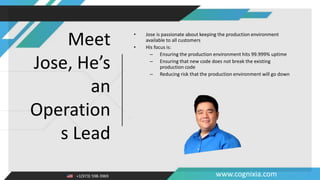 +1(973) 598-3969 www.cognixia.com
Meet
Jose, He’s
an
Operation
s Lead
• Jose is passionate about keeping the production environment
available to all customers
• His focus is:
– Ensuring the production environment hits 99.999% uptime
– Ensuring that new code does not break the existing
production code
– Reducing risk that the production environment will go down
 