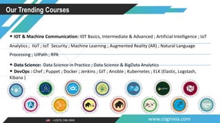 +1(973) 598-3969 www.cognixia.com
Our Trending Courses
• IOT & Machine Communication: IOT Basics, Intermediate & Advanced ; Artificial Intelligence ; IoT
Analytics ; IIoT ; IoT Security ; Machine Learning ; Augmented Reality (AR) ; Natural Language
Processing ; UIPath ; RPA
• Data Science: Data Science in Practice ; Data Science & BigData Analytics
• DevOps : Chef ; Puppet ; Docker ; Jenkins ; GIT ; Ansible ; Kubernetes ; ELK (Elastic, Logstash,
Kibana )
 