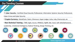 +1(973) 598-3969 www.cognixia.com
Our Trending Courses
• Cyber Security : Certified Cloud Security Professional, Information Systems Security Professional,
Cyber Crime and Cyber Security
• Crypto-Currency : BlockChain, Fabric, Ethereum, Hyper Ledger, Iroha, Indy, Chainscript, etc
• Non-Technical Training : PMP, Agile, Scrum, PRINCE2, PgMP, Adv. Excel, Soft skills/behavioral,
Leadership , Emotional Intelligence, Radical Thinking, Design Thinking, etc.
 