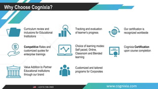 +1(973) 598-3969 www.cognixia.com
Why Choose Cognixia?
Competitive Rates and
customized quotes for
enterprise trainings
Value Addition to Partner
Educational institutions
through our brand
Curriculum review and
inclusions for Educational
Institutions
Choice of learning modes:
Self paced, Online,
Classroom and Blended
learning
Customized and tailored
programs for Corporates
Tracking and evaluation
of learner’s progress
Cognixia Certification
upon course completion
Our certification is
recognized worldwide
 