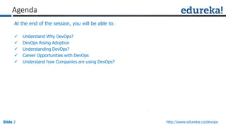 Slide 2Slide 2Slide 2 http://www.edureka.co/devops
At the end of the session, you will be able to:
 Understand Why DevOps?
 DevOps Rising Adoption
 Understanding DevOps?
 Career Opportunities with DevOps
 Understand how Companies are using DevOps?
Agenda
 