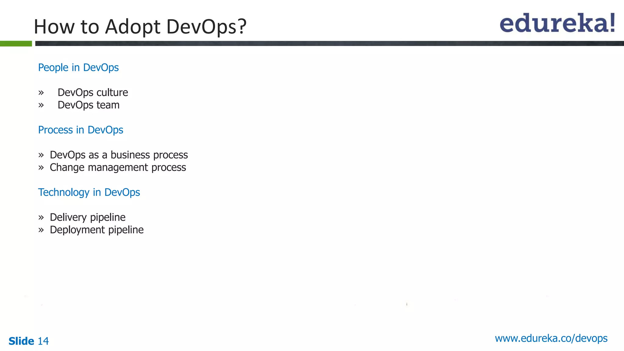 Slide 14 www.edureka.co/devops
How to Adopt DevOps?
People in DevOps
» DevOps culture
» DevOps team
Process in DevOps
» DevOps as a business process
» Change management process
Technology in DevOps
» Delivery pipeline
» Deployment pipeline
 