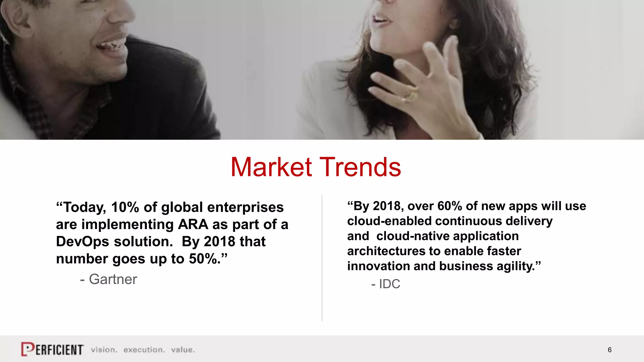 6
Market Trends
“Today, 10% of global enterprises
are implementing ARA as part of a
DevOps solution. By 2018 that
number goes up to 50%.”
- Gartner
“By 2018, over 60% of new apps will use
cloud-enabled continuous delivery
and cloud-native application
architectures to enable faster
innovation and business agility.”
- IDC
 