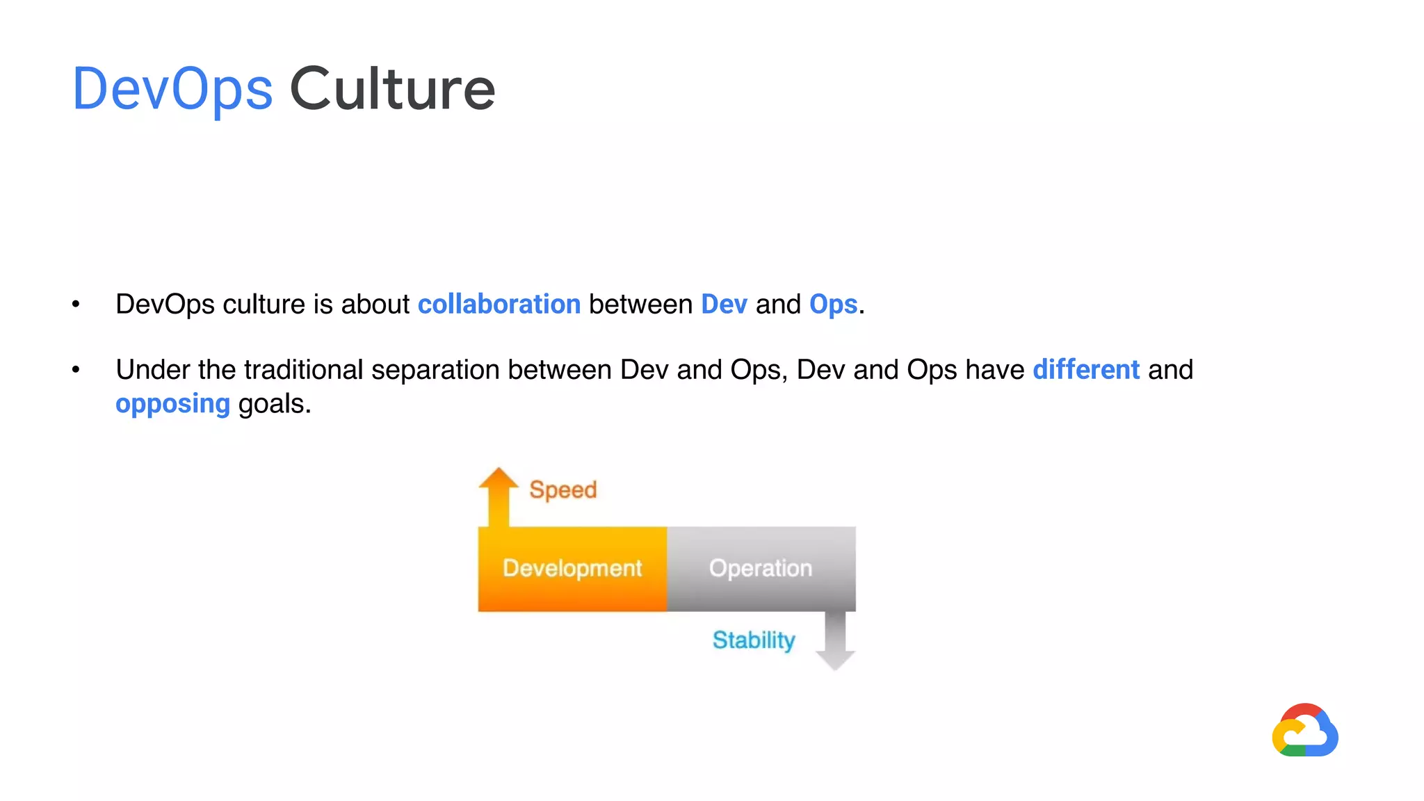 • DevOps culture is about collaboration between Dev and Ops.
• Under the traditional separation between Dev and Ops, Dev and Ops have different and
opposing goals.
DevOps Culture
 