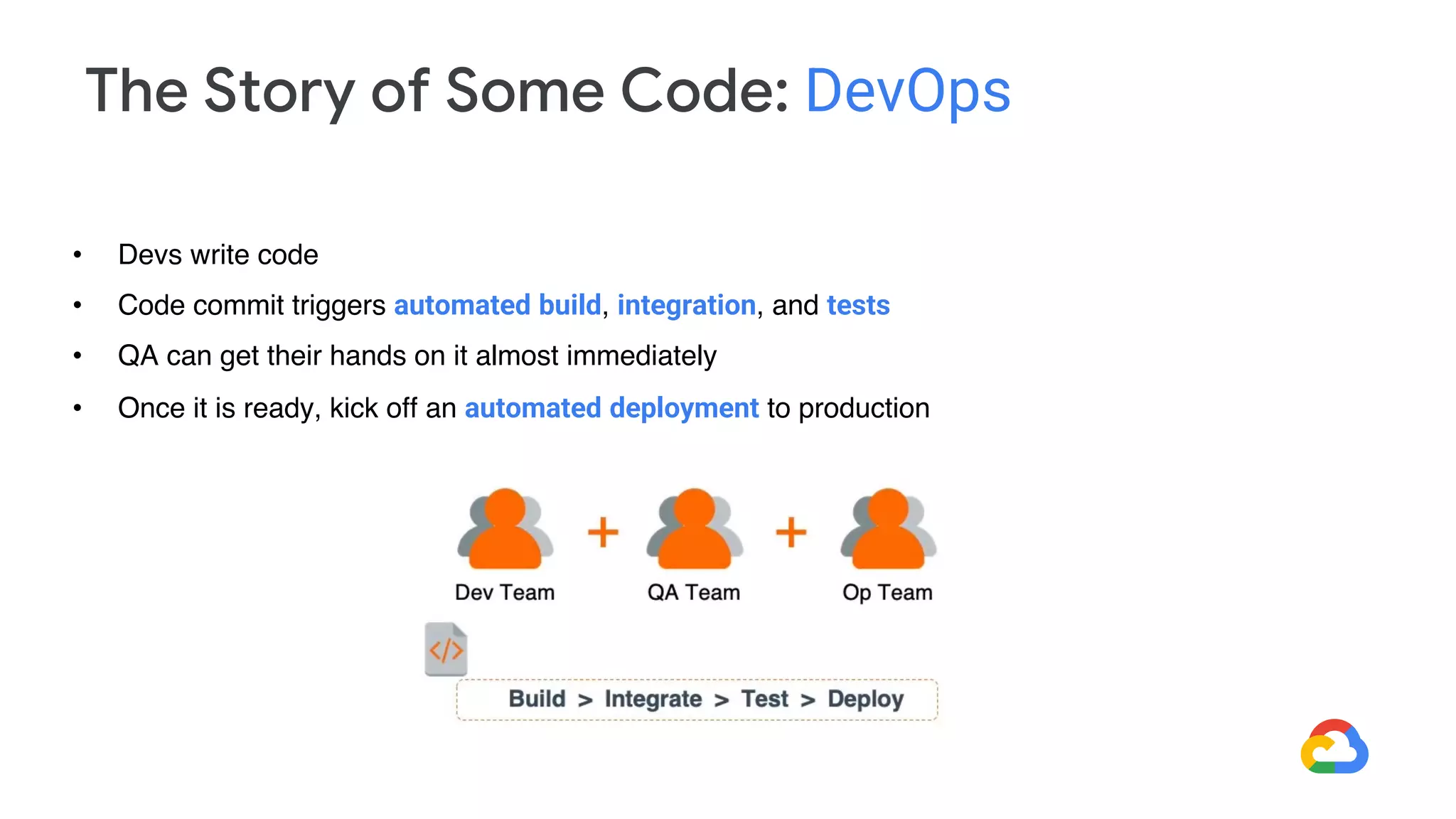 • Devs write code
• Code commit triggers automated build, integration, and tests
• QA can get their hands on it almost immediately
• Once it is ready, kick off an automated deployment to production
The Story of Some Code: DevOps
 