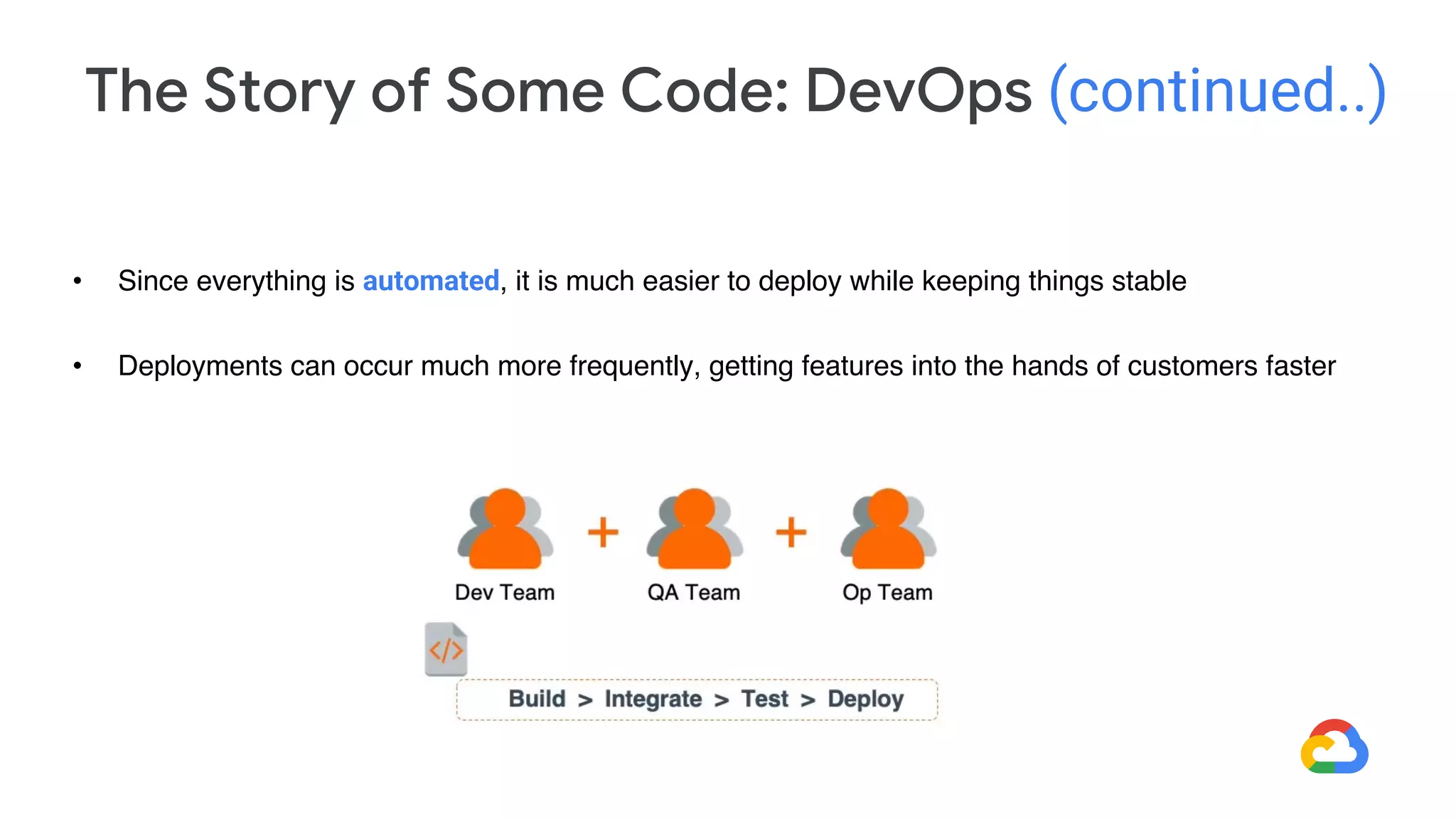 The Story of Some Code: DevOps (continued..)
• Since everything is automated, it is much easier to deploy while keeping things stable
• Deployments can occur much more frequently, getting features into the hands of customers faster
 