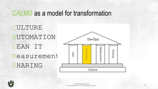 13
www.devopsguys.com
Phone: 0800 368 7378 | e-mail: team@devopsguys.com
CALMS as a model for transformation
CULTURE
AUTOMATION
LEAN IT
Measurement
SHARING
 