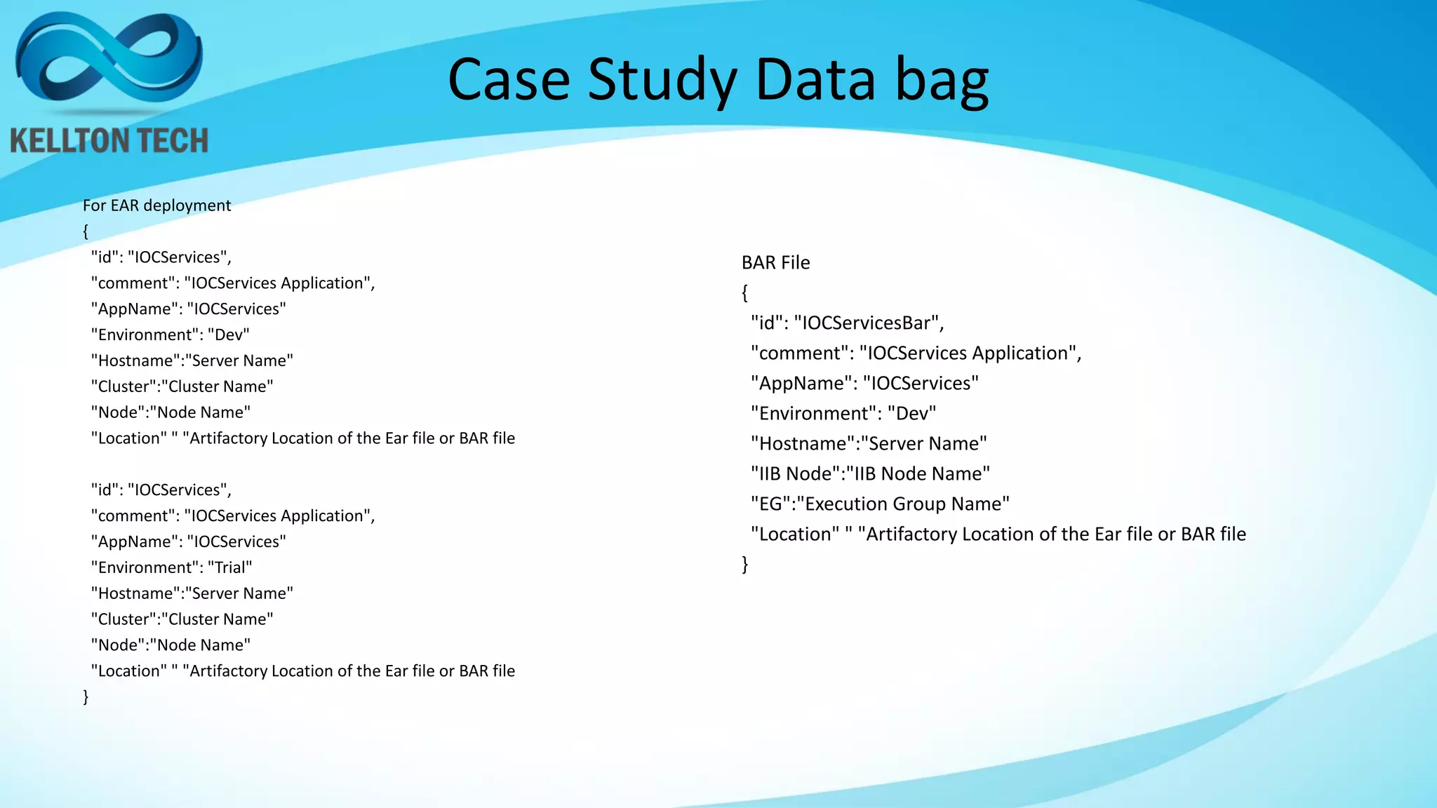 Case Study Data bag
For EAR deployment
{
"id": "IOCServices",
"comment": "IOCServices Application",
"AppName": "IOCServices"
"Environment": "Dev"
"Hostname":"Server Name"
"Cluster":"Cluster Name"
"Node":"Node Name"
"Location" " "Artifactory Location of the Ear file or BAR file
"id": "IOCServices",
"comment": "IOCServices Application",
"AppName": "IOCServices"
"Environment": "Trial"
"Hostname":"Server Name"
"Cluster":"Cluster Name"
"Node":"Node Name"
"Location" " "Artifactory Location of the Ear file or BAR file
}
BAR File
{
"id": "IOCServicesBar",
"comment": "IOCServices Application",
"AppName": "IOCServices"
"Environment": "Dev"
"Hostname":"Server Name"
"IIB Node":"IIB Node Name"
"EG":"Execution Group Name"
"Location" " "Artifactory Location of the Ear file or BAR file
}
 