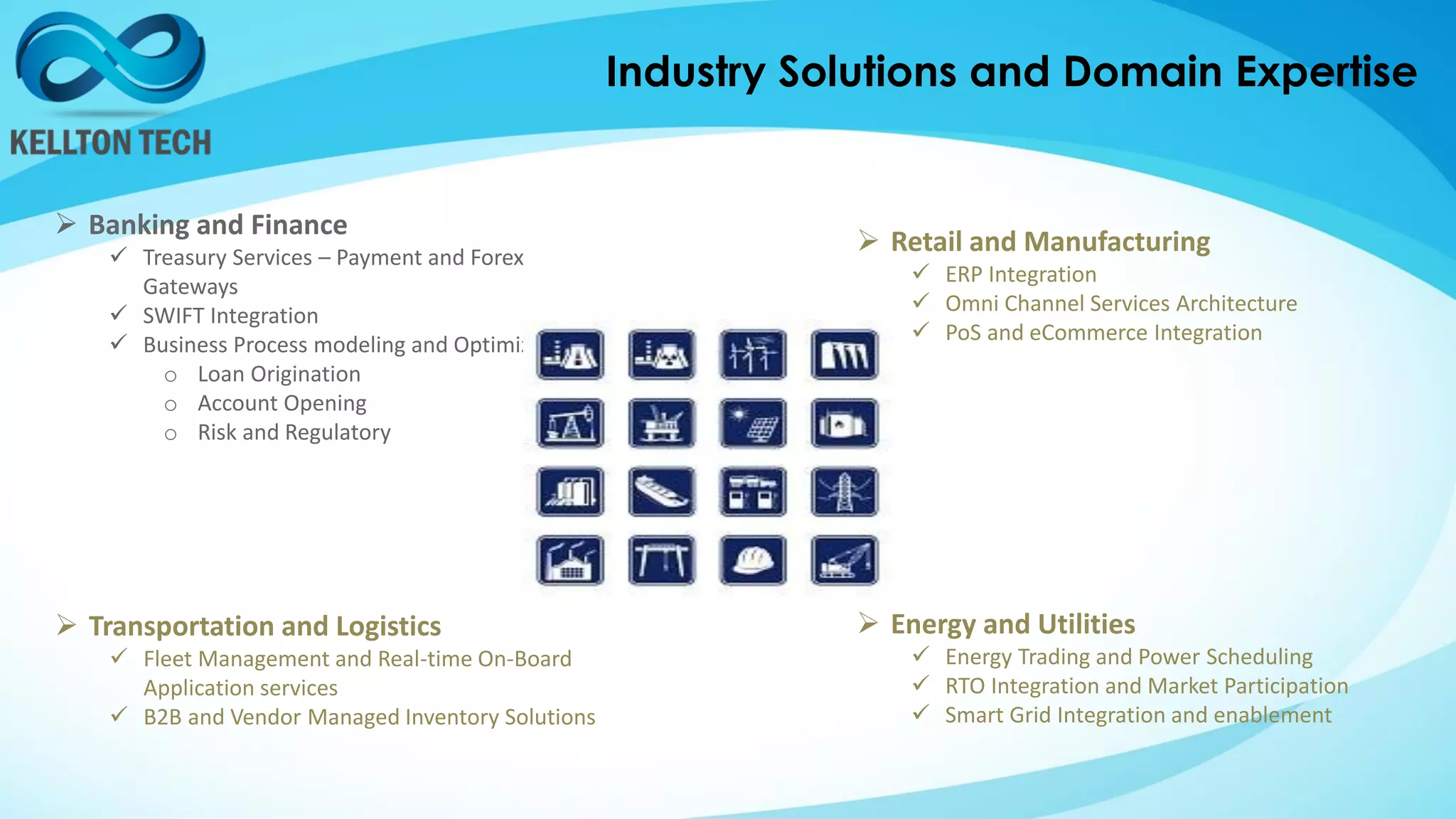 Industry Solutions and Domain Expertise
 Banking and Finance
 Treasury Services – Payment and Forex
Gateways
 SWIFT Integration
 Business Process modeling and Optimization in
o Loan Origination
o Account Opening
o Risk and Regulatory
 Transportation and Logistics
 Fleet Management and Real-time On-Board
Application services
 B2B and Vendor Managed Inventory Solutions
 Retail and Manufacturing
 ERP Integration
 Omni Channel Services Architecture
 PoS and eCommerce Integration
 Energy and Utilities
 Energy Trading and Power Scheduling
 RTO Integration and Market Participation
 Smart Grid Integration and enablement
 