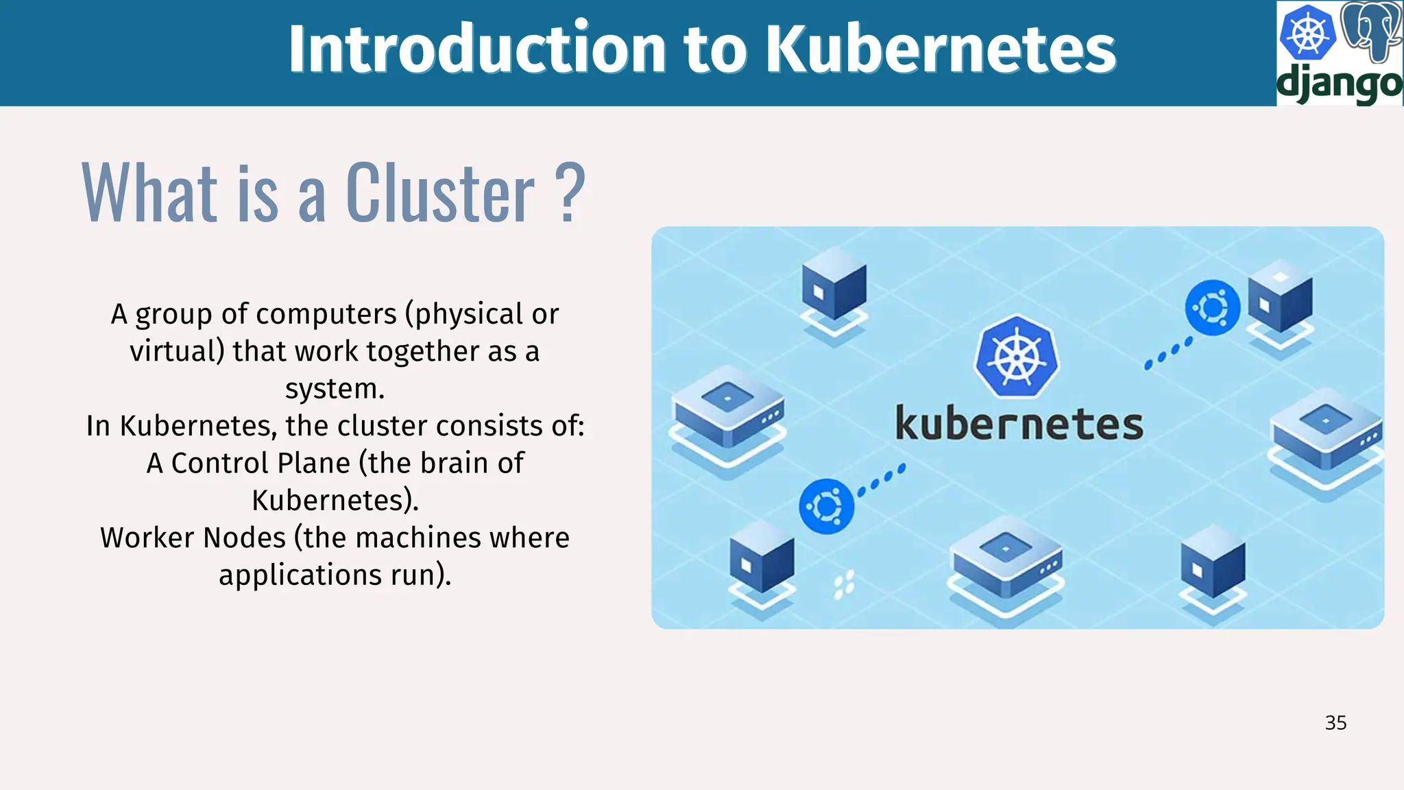 Introduction to Kubernetes
Introduction to Kubernetes
35
What is a Cluster ?
A group of computers (physical or
virtual) that work together as a
system.
In Kubernetes, the cluster consists of:
A Control Plane (the brain of
Kubernetes).
Worker Nodes (the machines where
applications run).
 