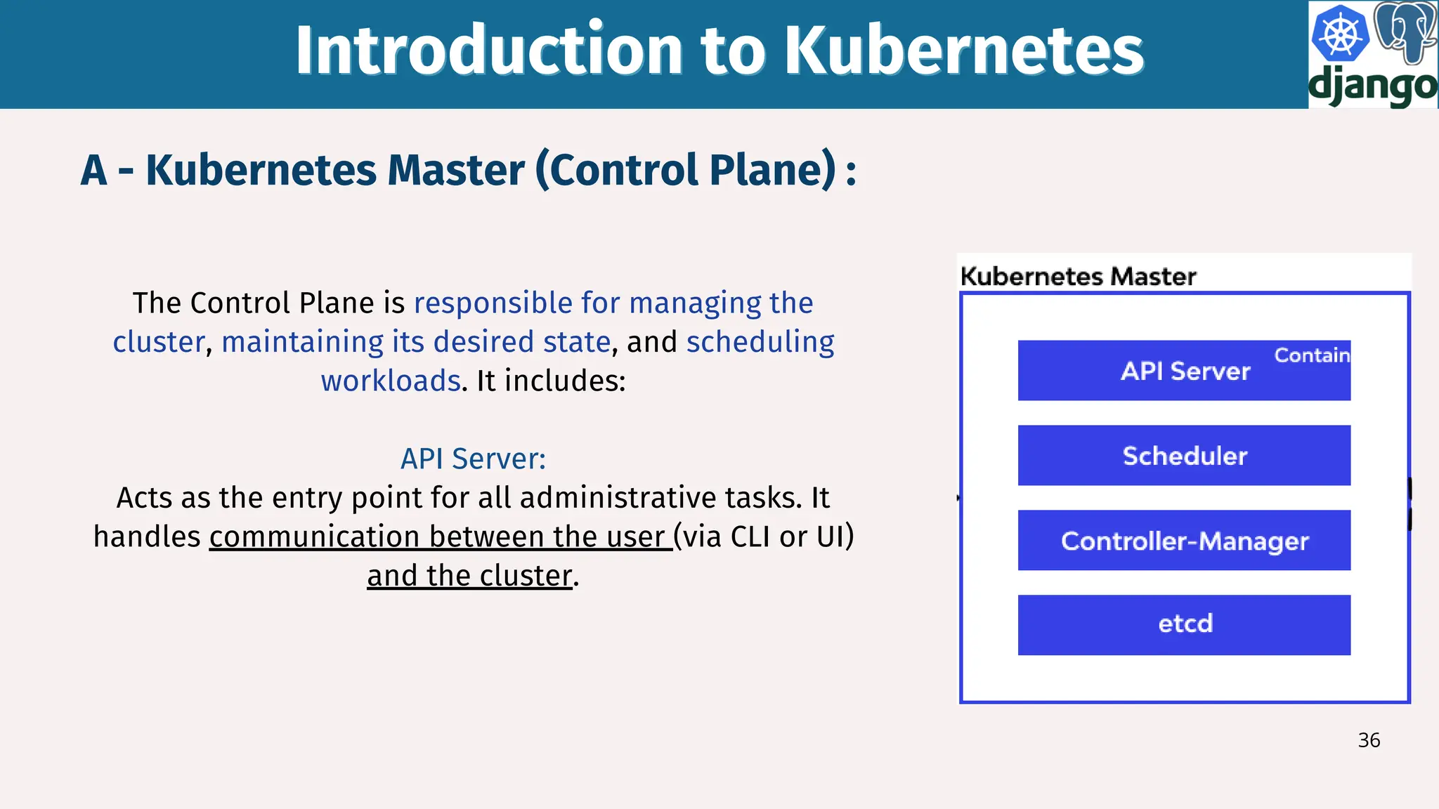 The Control Plane is responsible for managing the
cluster, maintaining its desired state, and scheduling
workloads. It includes:
API Server:
Acts as the entry point for all administrative tasks. It
handles communication between the user (via CLI or UI)
and the cluster.
A - Kubernetes Master (Control Plane) :
Introduction to Kubernetes
Introduction to Kubernetes
36
 