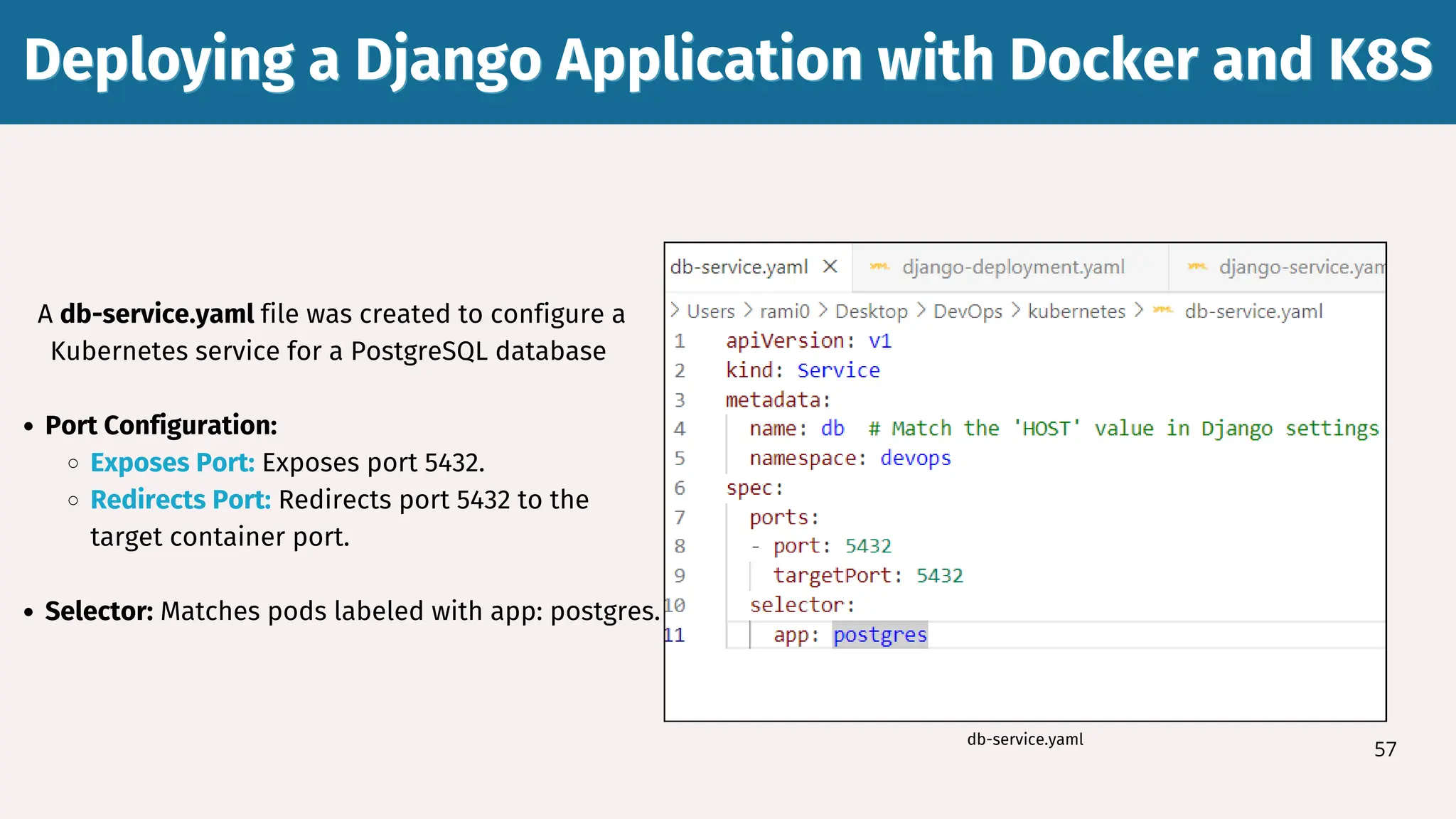 57
A db-service.yaml file was created to configure a
Kubernetes service for a PostgreSQL database
Port Configuration:
Exposes Port: Exposes port 5432.
Redirects Port: Redirects port 5432 to the
target container port.
Selector: Matches pods labeled with app: postgres.
Deploying a Django Application with Docker and K8S
Deploying a Django Application with Docker and K8S
db-service.yaml
 