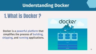 Understanding Docker
Understanding Docker
12
What is Docker ?
1.
Docker is a powerful platform that
simplifies the process of building,
shipping, and running applications.
 